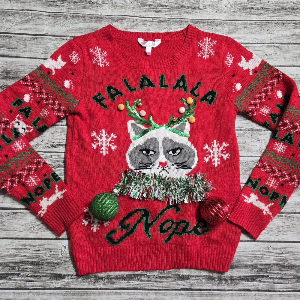 Juniors Small (3/5) NoBo Grumpy Cat Ugly Christmas Sweater FaLaLaLa NOPE Cute Fu